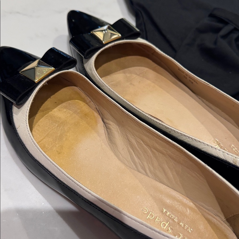kate spade Black Patent Pointed Toe Bow Flats with Gold Accent - Picture 12 of 12